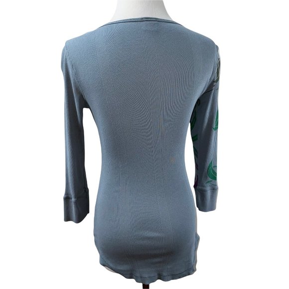 Anthropologie Language Blue Print Henley Long Cotton 3/4 Sleeve Knit Top T-shirt - Picture 9 of 10